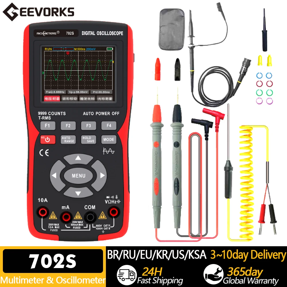 

Oscilloscope Multimeter Handheld LCD Digital Multimeter & Oscillometer 2-in-1 Universal Meter Scope Meter 9999 Counts 10MHz