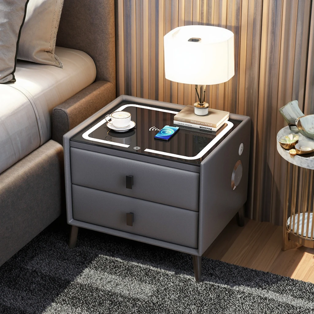 Nowoczesny inteligentny stolik nocny z ekranem dotykowym, oświetleniem LED i szufladą do przechowywania, meble do sypialni.