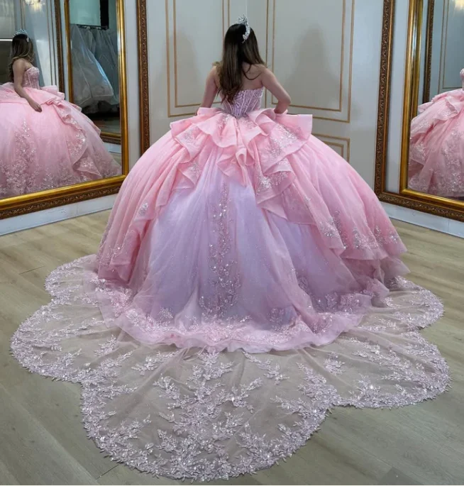 فساتين FURSTENBERG Quinceeneara للأطفال باللون الوردي والكشكشة مع فيونكة ترتر بدون حمالات واتو فستان الحفلات 15 Anos Vestido مخصص #3