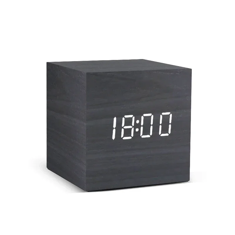 

Square Digital LED Alarm Clock Wood Retro Glow Clock Desktop Table Decor Voice Control Snooze Function Desk Clock