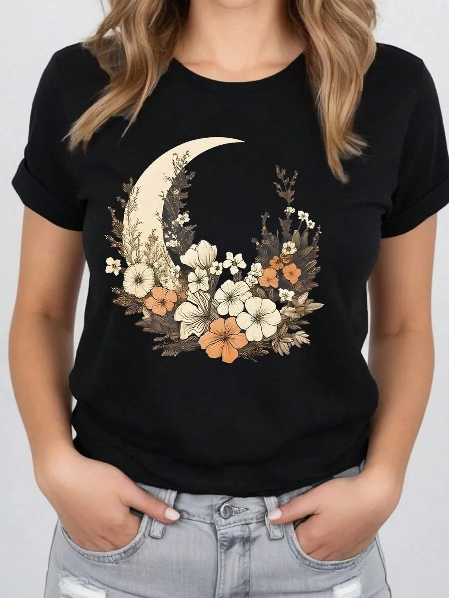 

Plus - Size Romantic Moon & Flower Graphic Tee, Black Short - Sleeve