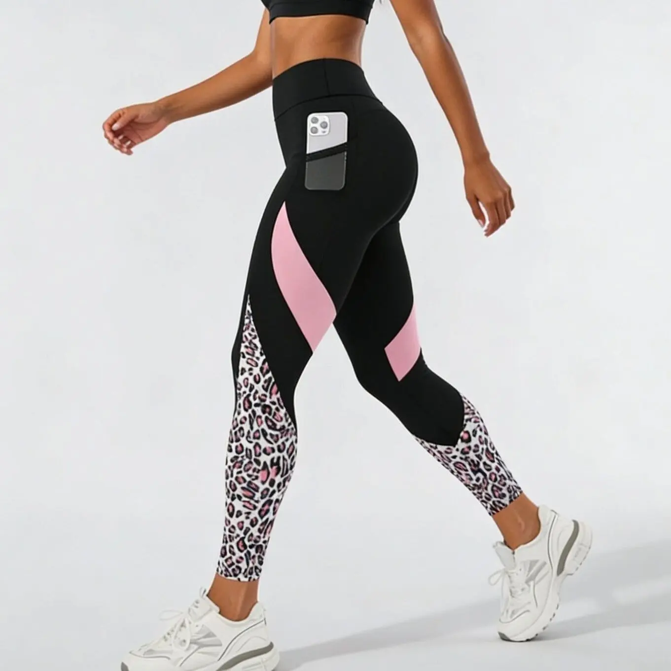 Women High Waist Patchwork Leggings with Pockets Gym Workout Yoga Pants Leopard Print Elastic Fitness Training Sports Tights