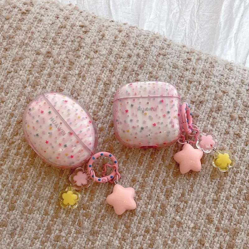 

Pink Dense Star Case for Huawei FreeClip 2 FreeBuds 6i Lovely Keychain Soft Transparent Headphones Cover for FreeBuds SE2 SE3