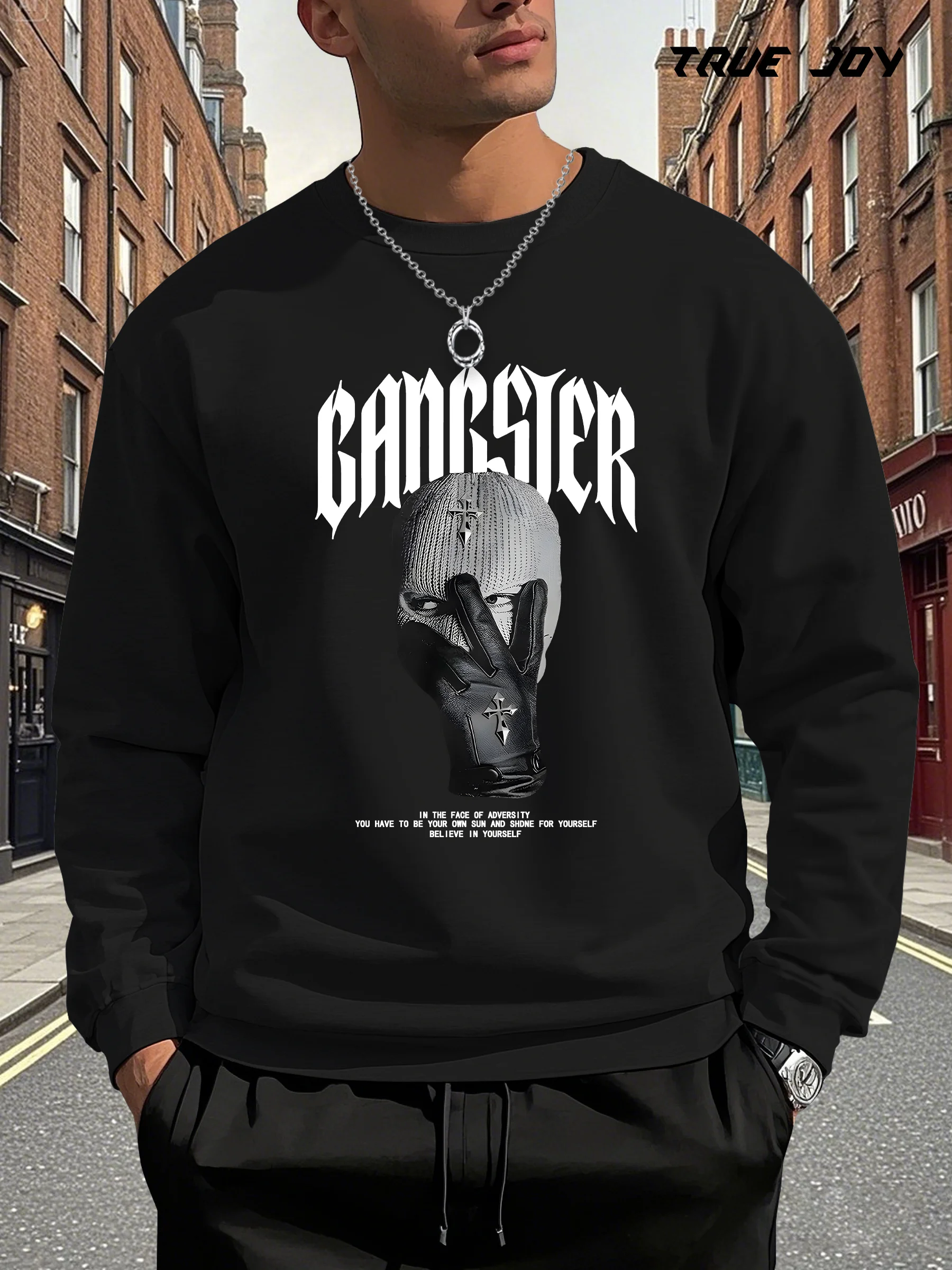سويت شيرت برسومات "Gangster" للرجال - تصميم قناع أسود وورود، فضفاض بأكمام طويلة وياقة دائرية