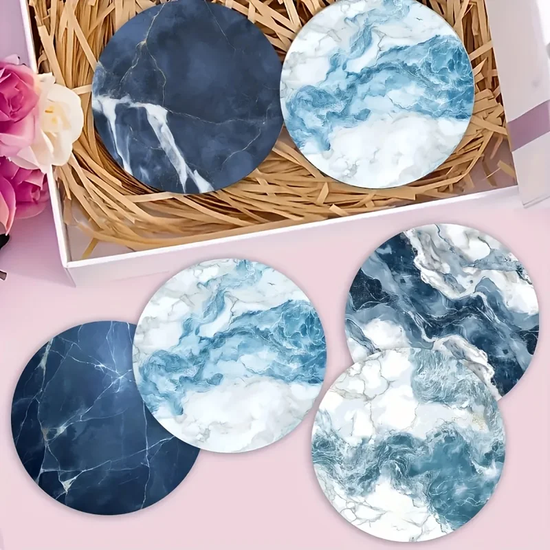 Azure Marble Motif 2D Wooden Cup Mat Surface Guard Dining Cafe Workplace Household Ornament Celebration Holiday Decor Gift