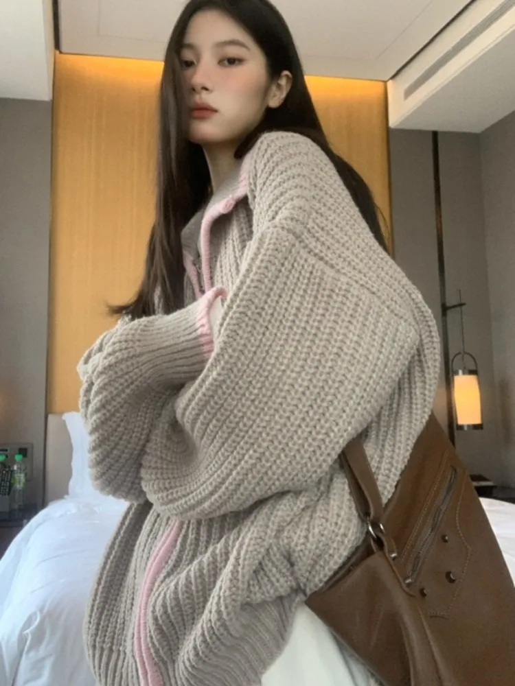 2024 Preppy Contrast Color Cardigans Women Fashion Y2k Aesthetic Loose Knitted Sweaters New Harajuku Casual Single Brested Coat