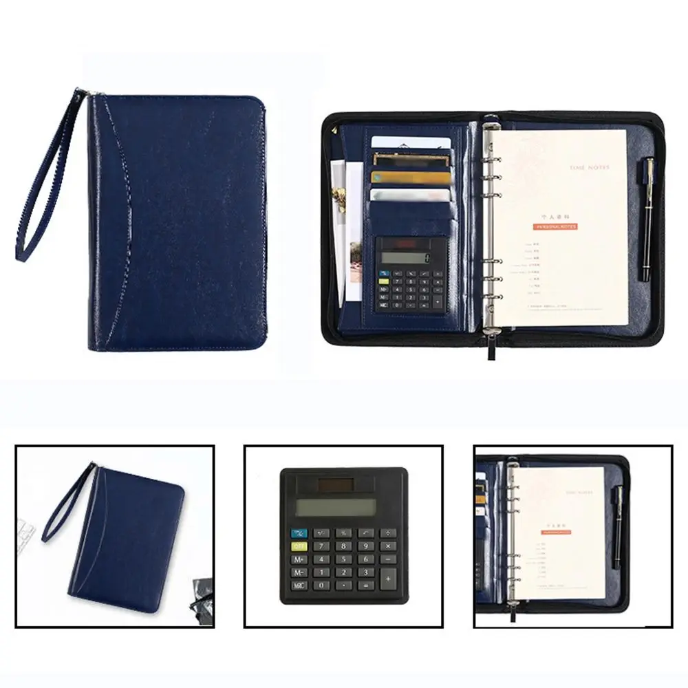 Portable File Folder PU Leather 6-Ring Work Record Book Card Holder Zippered Closure Loose Leaf Notebook Conference Use
