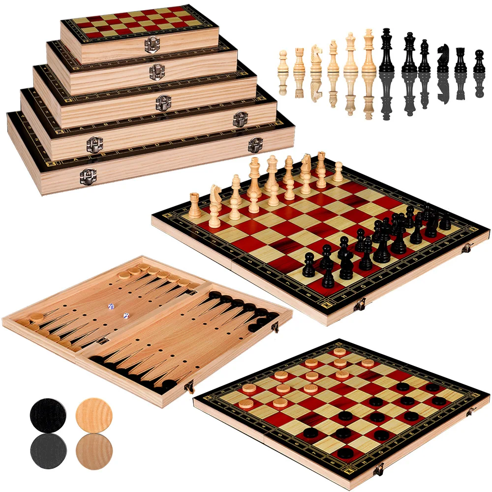 3-in-1 Wooden Chess Set with Checkers & Backgammon, Folding Portable  Board Educational Strategy Game Toys Factory Direct