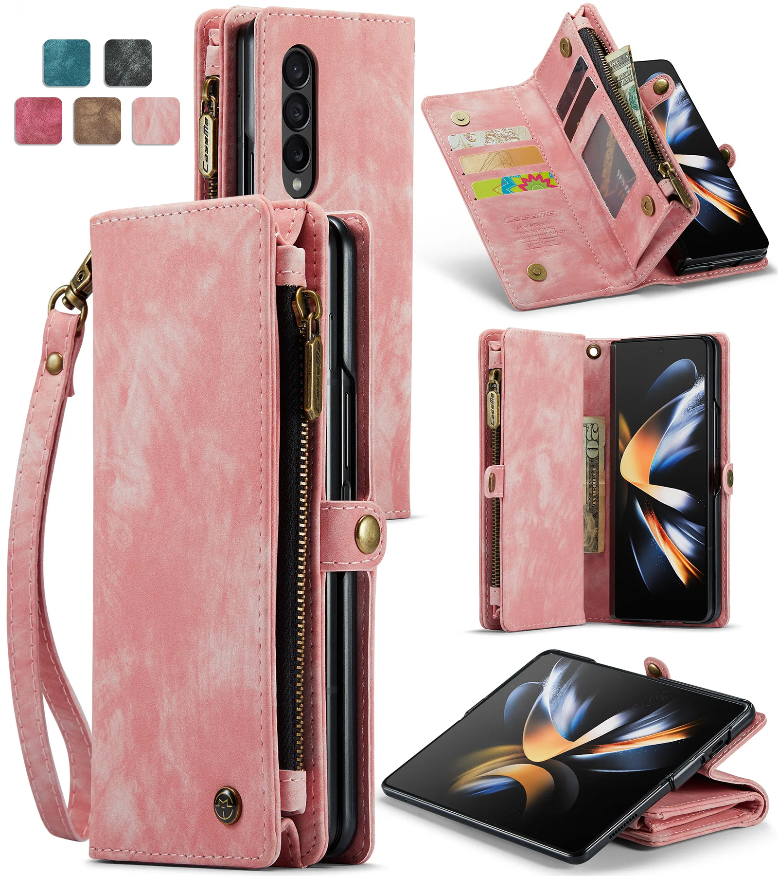 for Samsung Galaxy Z fold 4 Wallet Case, Durable PU Leather Magnetic Wallet Flip Lanyard Strap Wristlet Zipper Card Holder Case