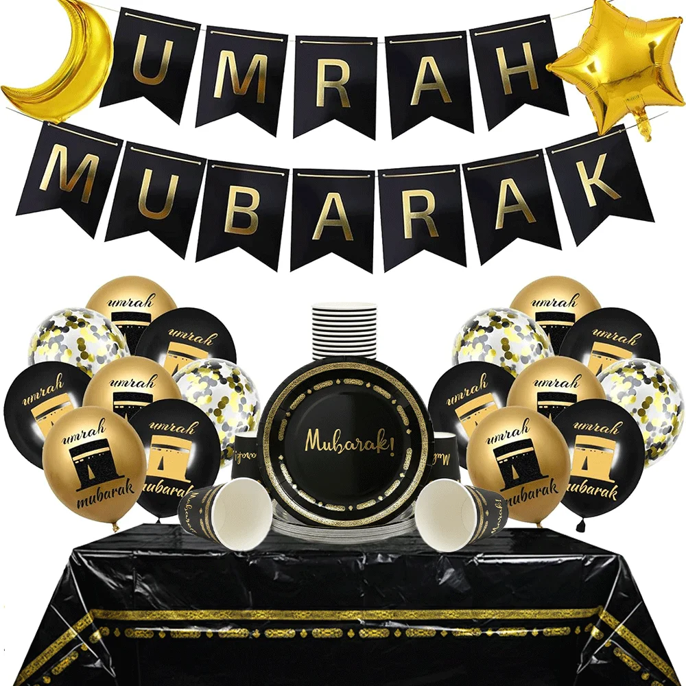 Umrah Mubarak Party Dekor Set Schwarz Gold Tischdecke Pappteller Tassen Servietten Luftballons Banner für islamische muslimische Eventbedarf