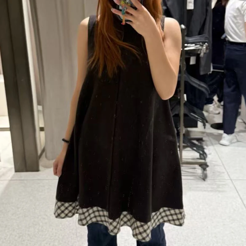 Womens Dress Sleeveless Semi High Collar Plaid Patchwork Short Fashionable Dress A Must Have Item For Spring And Autumn