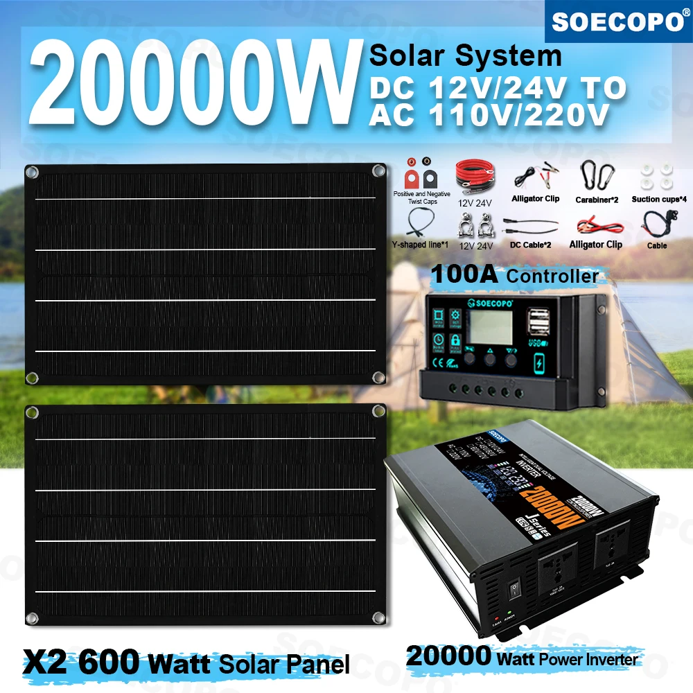 SOECOPO 20000W Solar System Off Grid Kit 2*600W Panel 12V 24V To 220V/110V Inverter Socket 100A Controller for Camping Balcony