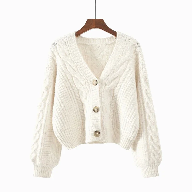Nova moda outono e inverno roupas femininas novo decote em v lanterna manga camisola elegante casual único breasted cardigan jaqueta