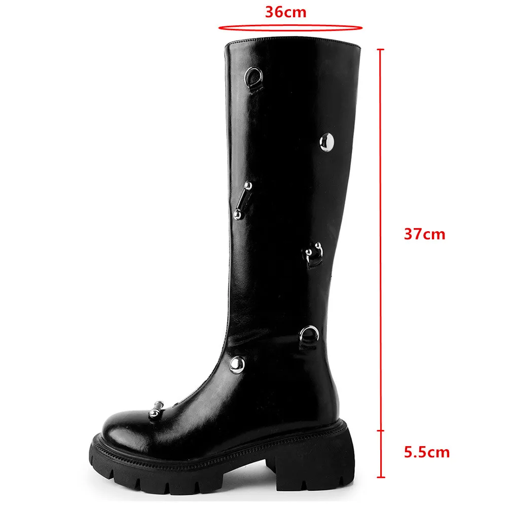 Aucegi Autumn Winter Women Knee High Boots Khaki Black Platform Round Toe Popular Chunky Heel Genuine Leather Metal Embellished