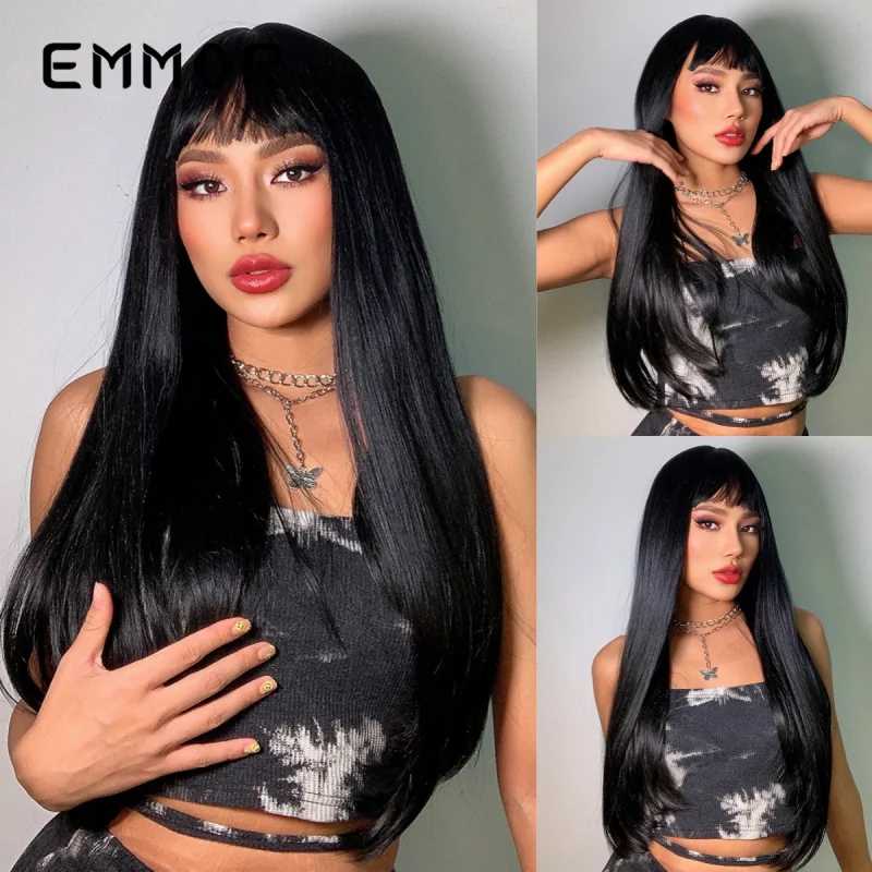 

New style full bangs black long straight synthetic hair matte high-temperature silk wig for women