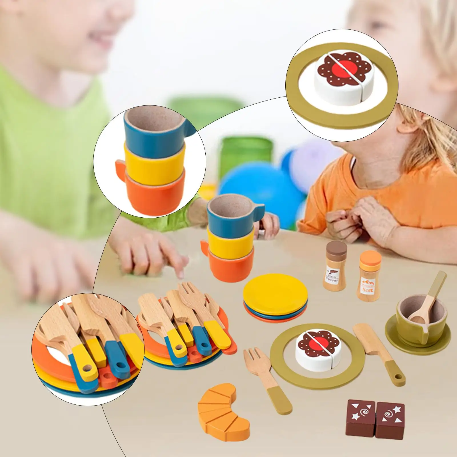 Wooden Play Dishes and Plates Spoons Accessories for 3+ Pretend Play