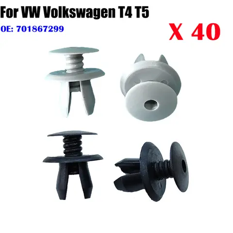 40개 자동차 패스너 범퍼 클립 인테리어 트림 푸시 리테이너 701867299 VW T4 T5 Transporter Eurovan 라이닝 클립 그레이/블랙