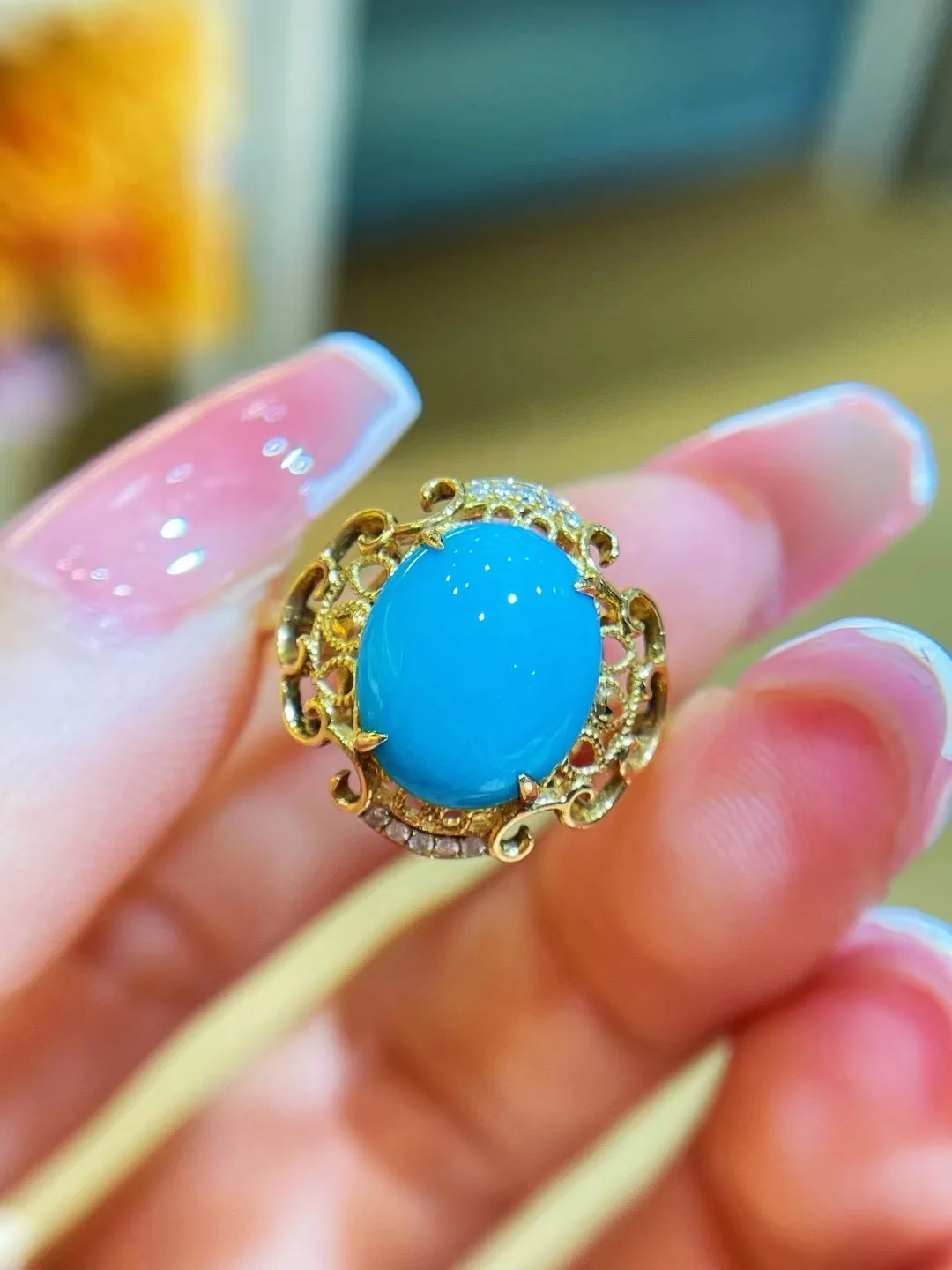 natural turquoise ring 18K yellow gold with diamond genuine jewelry fine women jewelry free shipping