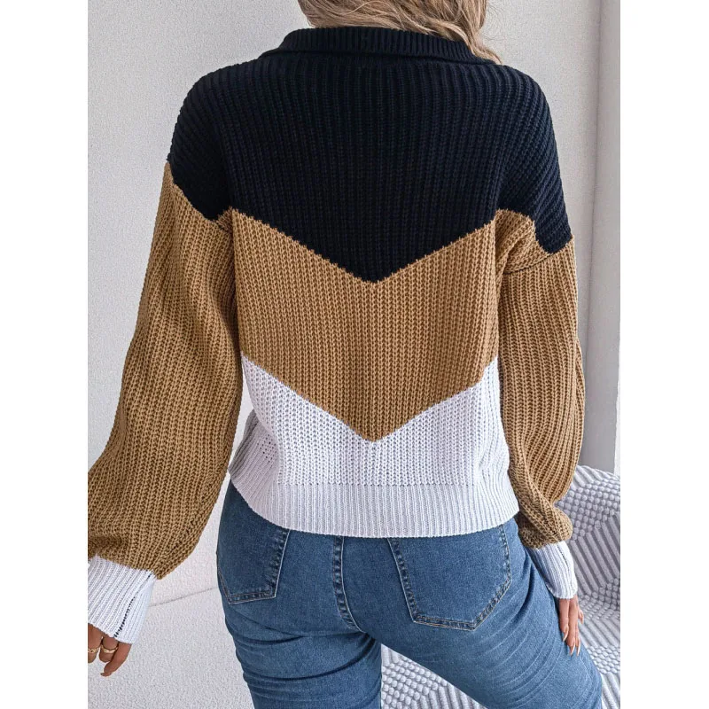 2023 New Autumn and Winter Fashion Casual Polo Collar Contrast Knitted Long Sleeve Temperament Commuter Women's Loose Sweater
