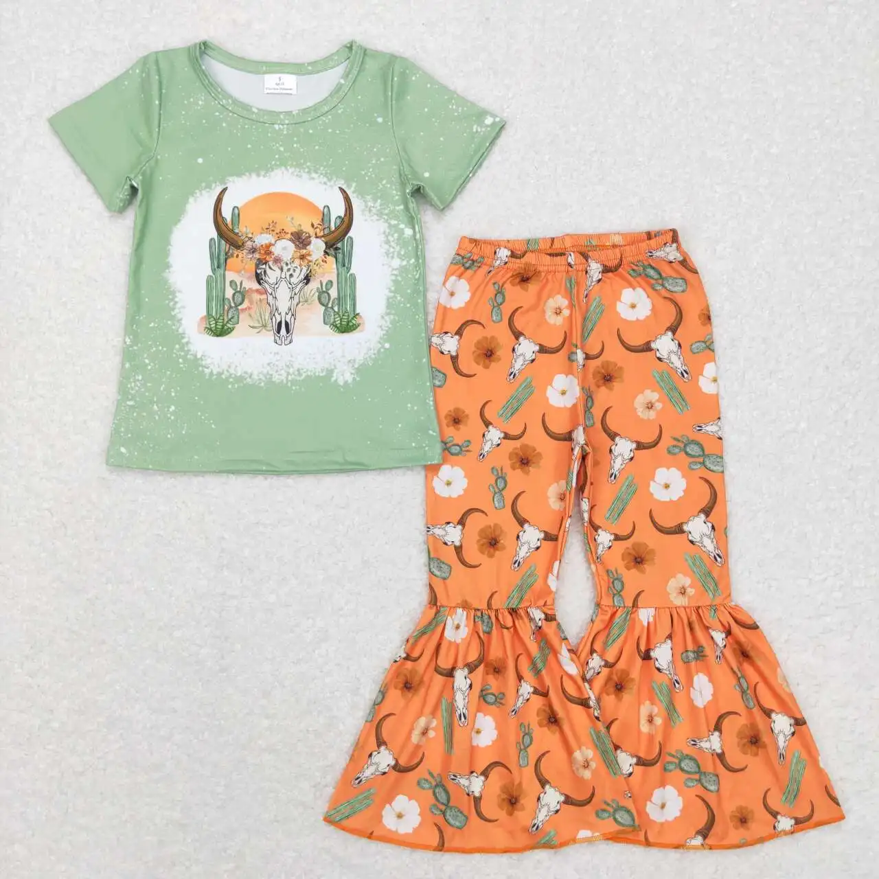 

Wholesale western boutique hot sale baby girls clothes Alpine cactus flower orange green short sleeve pant suit