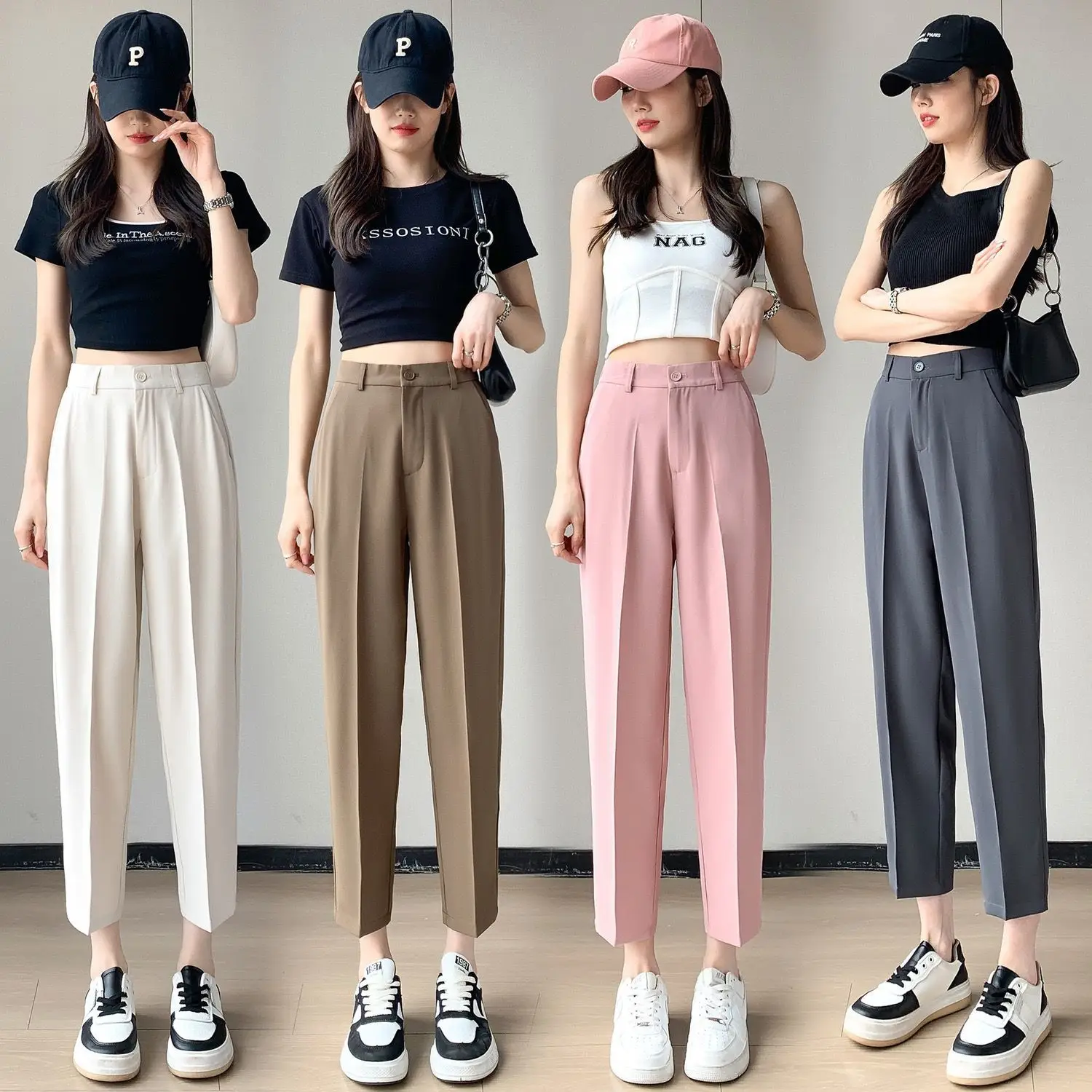 

Ice Silk Suit Pants Women's 2024 Summer Korean Cropped Casual Smoke Tube Suit Pants Women's Thin High Waist Harem Pants