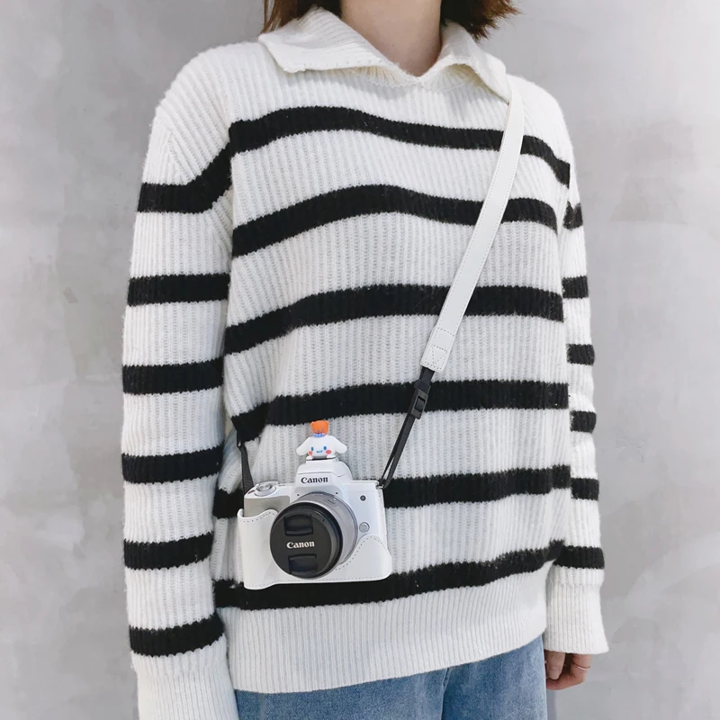 حافظة كاميرا لكاميرا Canon M50 PU قاعدة كاميرا جلدية نصف حافظة مع حزام كتف حقيبة واقية للمعصم زر فتح 1/4 برغي