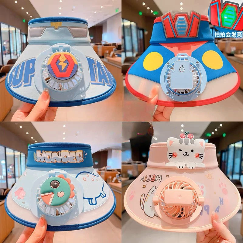 

Children's Summer Fan Sun Hat Boy Cartoon Dinosaur Sun Hat Girl UV Protection USB Charging Sun Protection Fashion Empty Top Hat