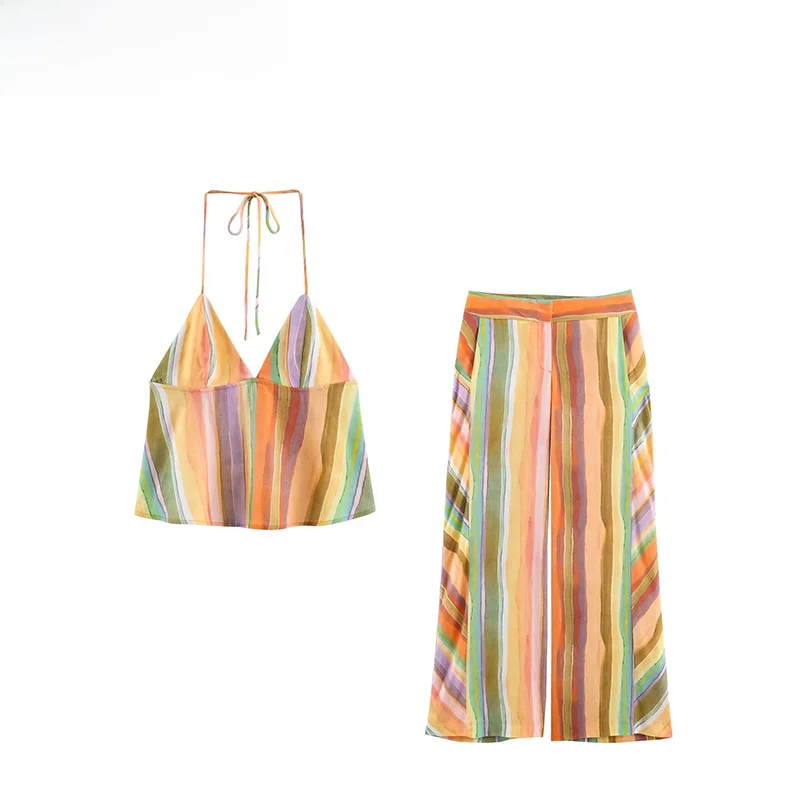 Summer New Women's Wide Leg Pants Shirt Neck Hanging Stripes Pattern Fashion Set Casual Comfortable Breathable Two-Piece Suit