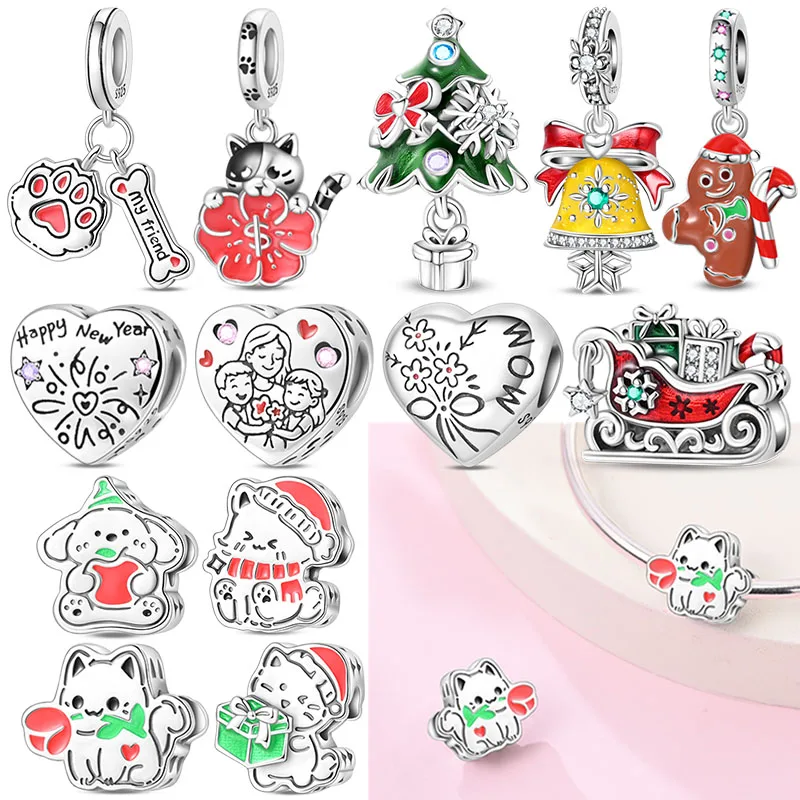

925 Sterling Silver Christmas Tree Charms Cat Send Flowers Bead Pendant Fit Original Charm Bracelets Women DIY Jewelry Gift