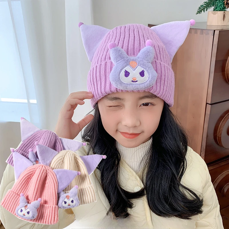 Sanrio Kuromi Cartoon Cute Children's Beanie Hat Creative Anime Character Kawaii Thickened Warm Knitted Beanie Hat Wholesale