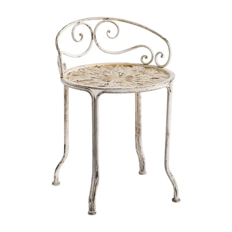 Vintage French Country Metal Garden Chair, Distressed White, Floral Pattern Design, Scrolled Back, 46x44x66cm