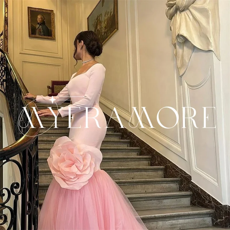 فساتين سهرة فاخرة بحورية البحر باللون الوردي 2025 من الساتان على شكل زهرة وياقة مربعة فساتين لحضور الحفلات الموسيقية تول رداء حفلات مخصص رداء السهرة #1