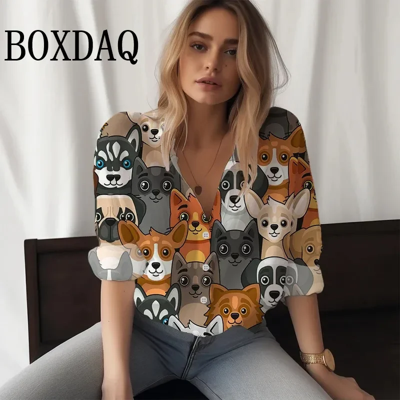 Spring Shirt Cute 3D Digital Cute Dogs Cats Printed Women\'s Shirt Long Sleeve Fashion Blouses Casual Daily Autumn Christmas Tops