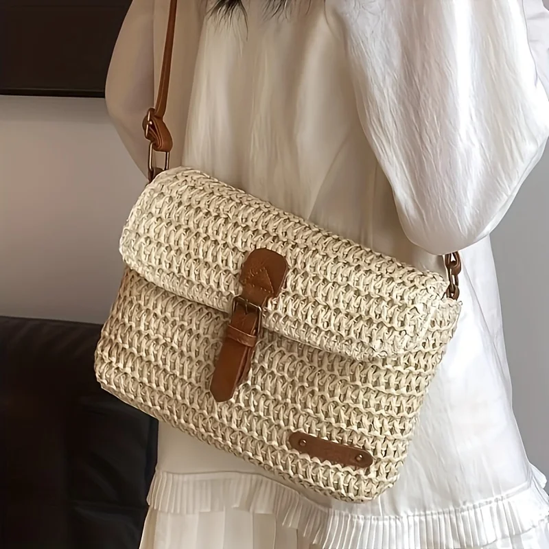Stylish Straw Woven Crossbody Bag, Lightweight Summer Shoulder Purse with Leather Accents Perfect for Beach Casual Outing Daily
