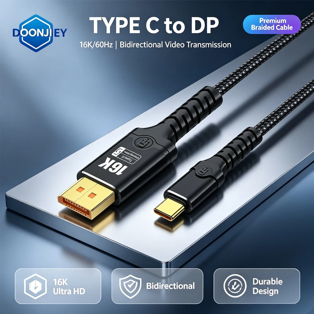 DOONJIEY Câble DP 16K vers Type C bidirectionnel USB C vers Displayport 2.1 pour Thunderbolt 4/3 54Gpbs MacBook Huawei Air Projector