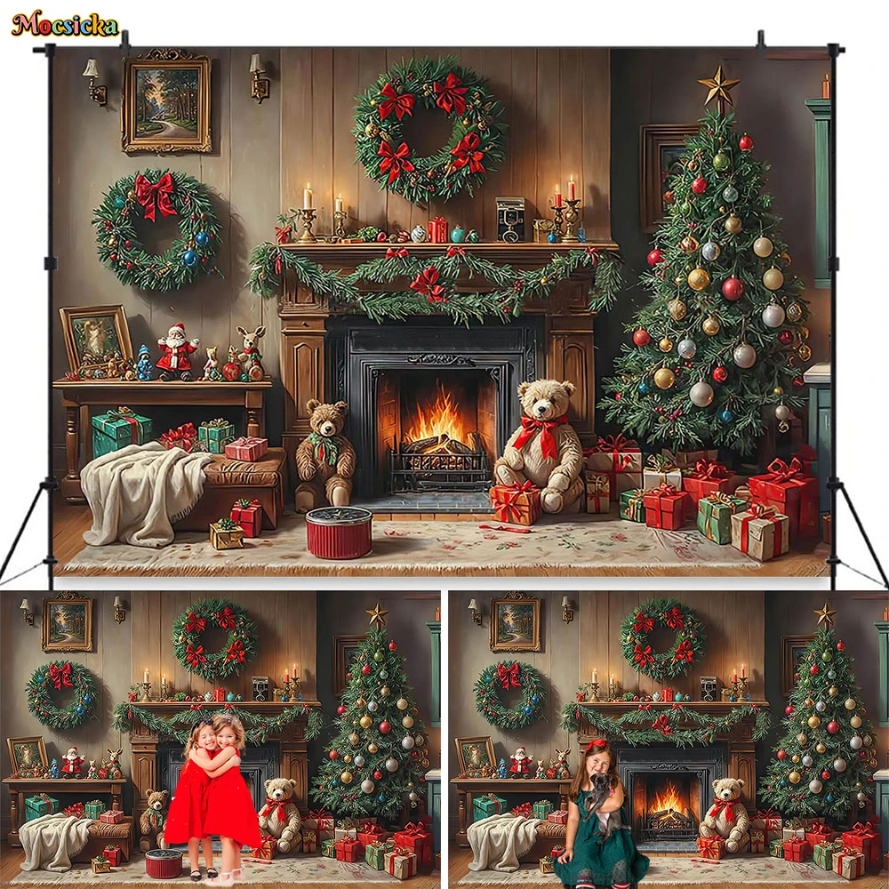 

Christmas Fireplace Room Background Photography Santa Claus Gift House Toy Bear Xmas Tree Wreath Backdrop Kid Winter Party Photo