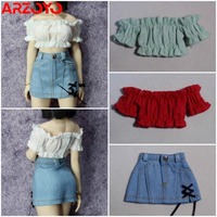 1/6 Scale Female Puff Sleeve Short Tops Denim Skirt Clothes Model Fit 12-inch Female Soldier Action Figure Body Dolls