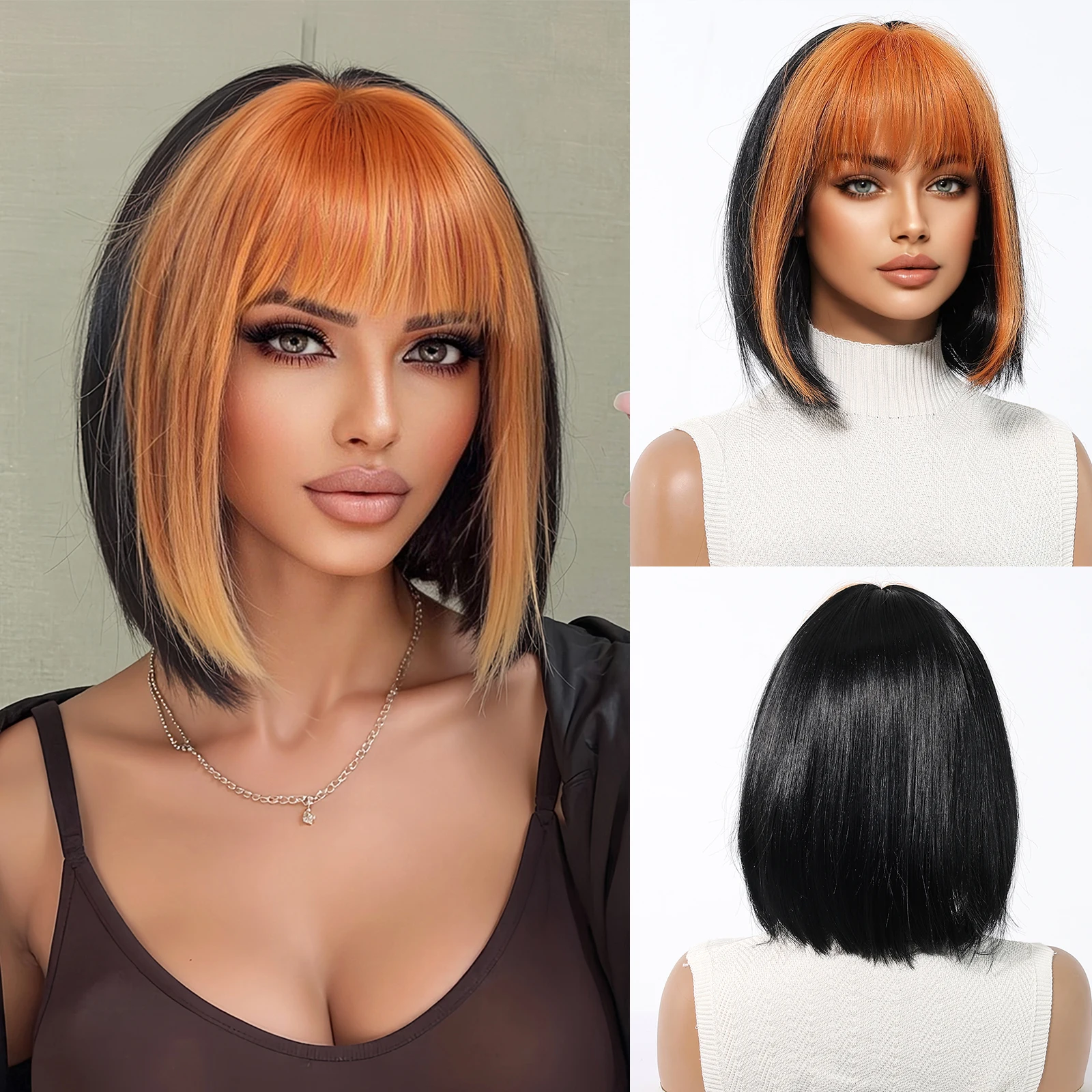 

Short Straight Synthetic Wig Bob Black Hair With Orange Bangs Black Mixed Ginger Orange Wig Halloween Cosplay Wig Heat Resistant