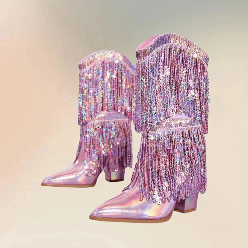 

Pink Glitter Sequins Tassels Pointed Toe Boots Slip On Women Shoes Chunky High Heels New Party Banquet 2024 Zapatos Para Mujere