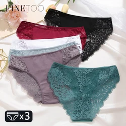 FINETOO 3Pcs Sexy Lace Hollow Out Panties Women Floral Print Underwear Female's Lingerie Low Waist Briefs Ultra-Soft Underpants