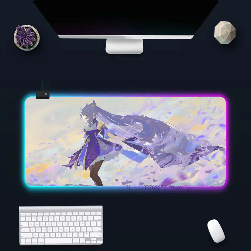 Keqing Genshin Impact Mousepad XXL RGB Gaming Mouse Pads HD Black Gamer Accessories Large LED