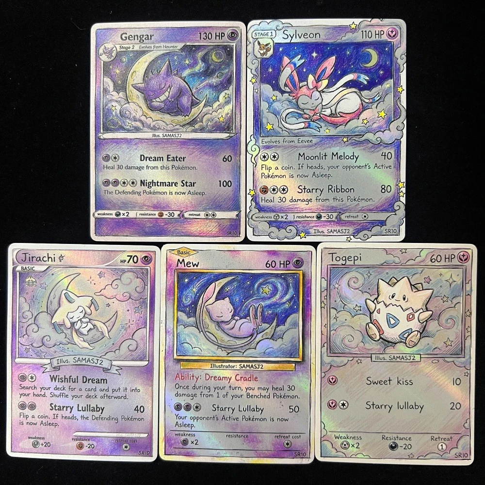 Cartas Pokémon PTCG Estilo Arte com Lápis Colorido Gengar Sylveon Jirachi Mew Togepi Cartas de Coleção Cartas Holo Raras Presente Pokémon