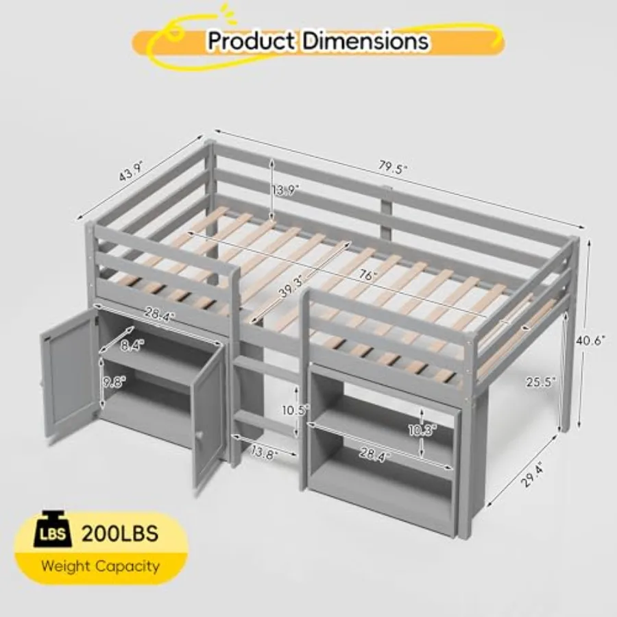 Twin Low Loft Bed with Multi-Color LED Lights, Solid Wood Bed Frame Featuring 2 Portable Bookcases Storage Cabinet, Space-Savin