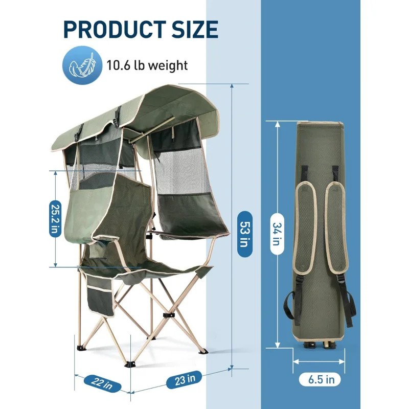 Folding Camping Chair with Shade Canopy for Adults, Canopy Chair for Outdoors Sports with Cup Holder, Side Pocket