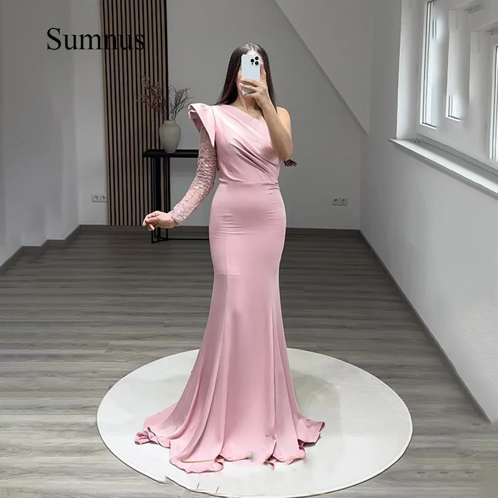 

Sumnus Pink One Sleeve Mermaid Evening Dresses Spandex Satin Saudi Arabic Formal Party Dress Long Dubai Prom Celebrate Gowns