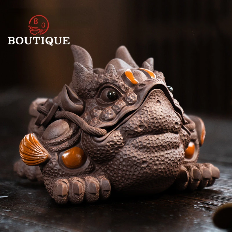 

High-end Yixing Purple Clay Tea Pet Lucky Golden Toad Statue Ornaments Handmade Sculpture Crafts Tea Set Decoration Collection