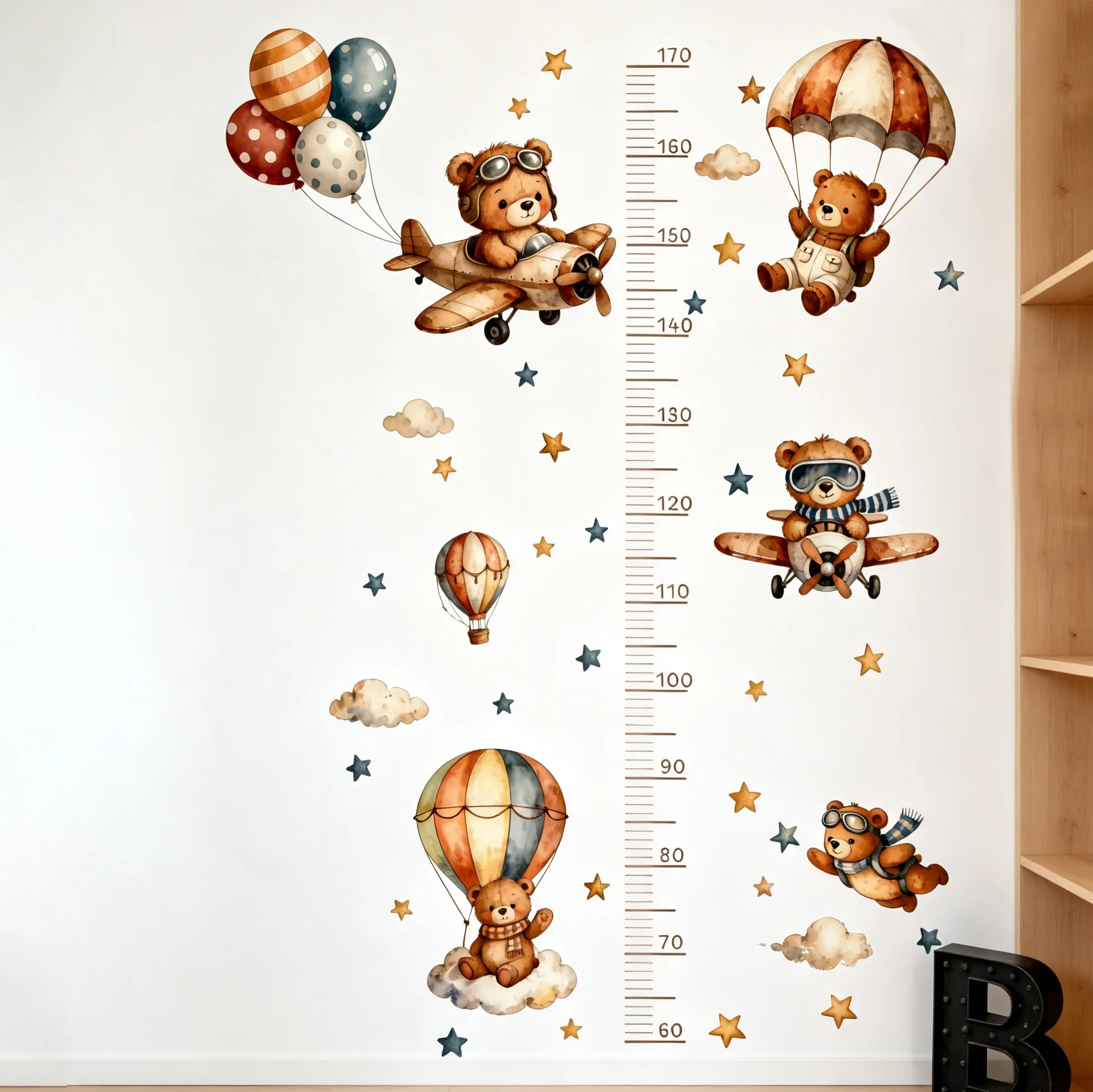 Watercolor Teddy Bear Height Chart Wall Stickers Pilot Bears Airplane Hot Air Balloon Cloud Star Growth Ruler Wall Decals Remova