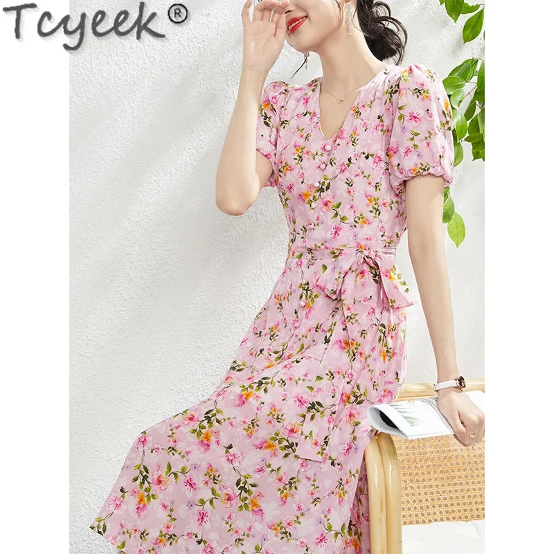 100% tcyeek echte Maul beers eide Kleid Frauen kleider Slim Fit Mode Sommer Schnürung elegante Damen kleider Französisch