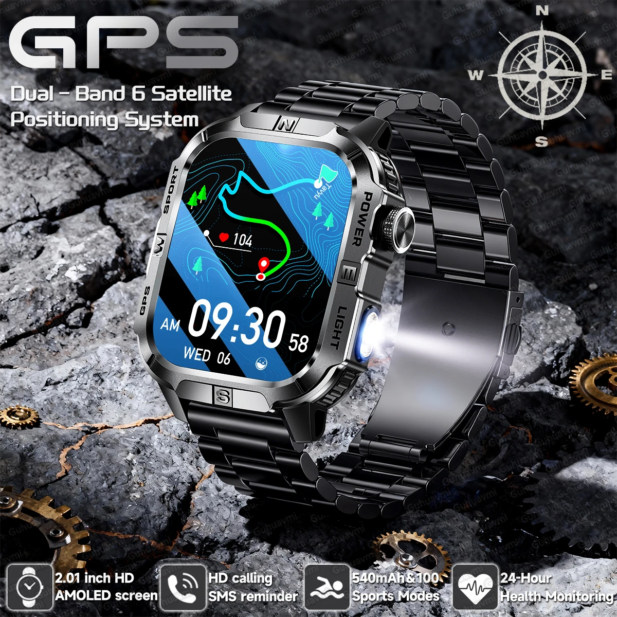 

New Dual-Band Satellite GPS Smart Watch Men 2.01'' HD Screen Compass Military Flashlight Watches Waterproof Swim Smart Bracelet