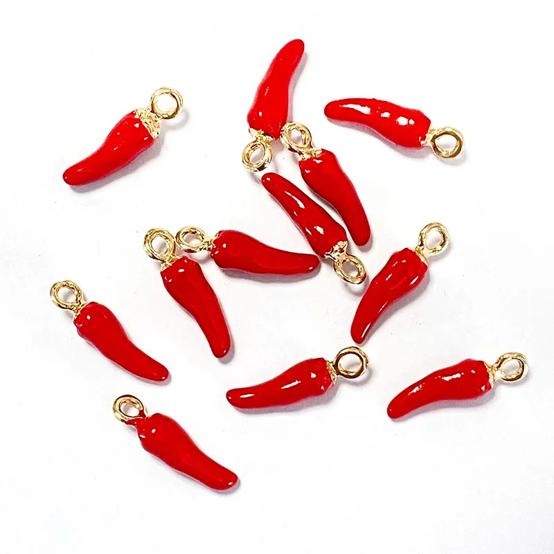 10Pcs Cute Red Mini Pepper Charms Alloy Enamel Food Pendants for Earring Necklace Bracelet DIY Keychain Jewelry Making Accessory
